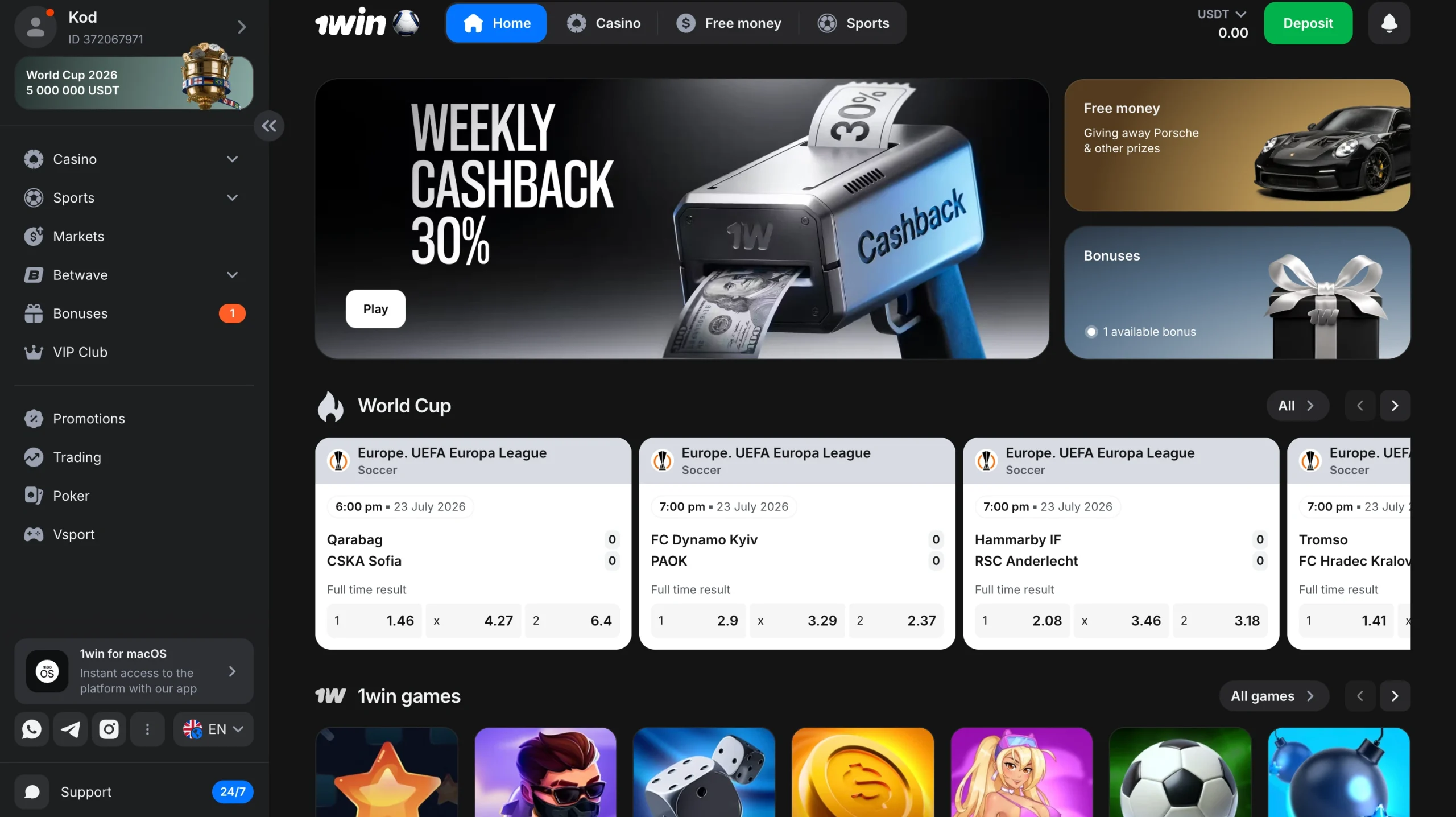 1win Tanzania platform home with sportsbook and casino