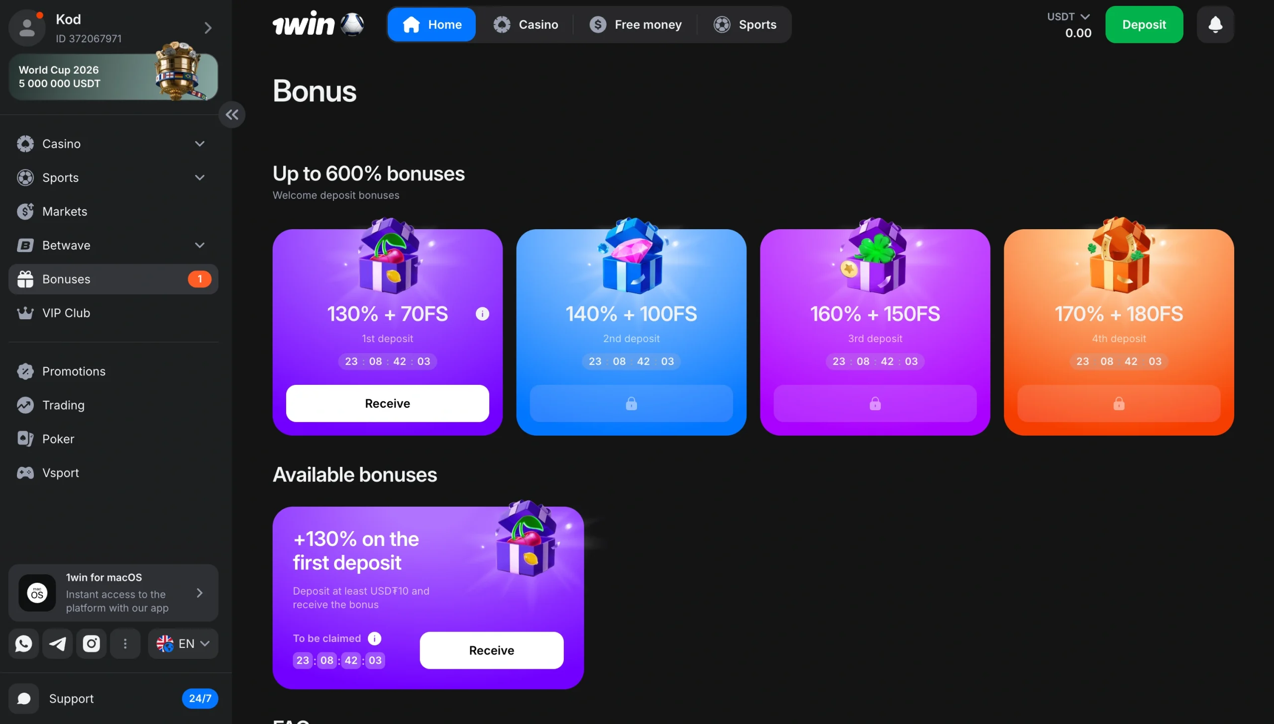 1win welcome bonus deposit cards showing tiered percentages and free spins