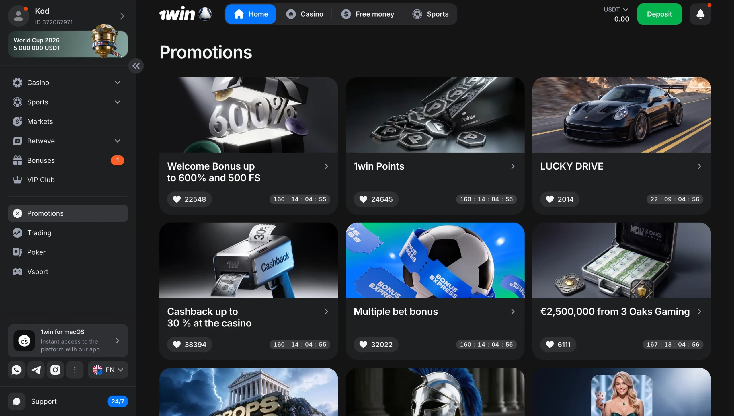 1win promotions page headlining the welcome bonus up to 600 percent and 500 free spins