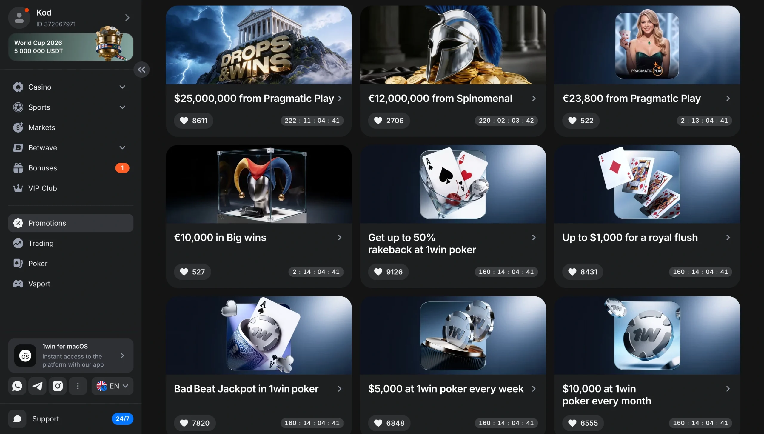 1win promotions grid with welcome bonus, cashback and multiple bet offers for Tanzania