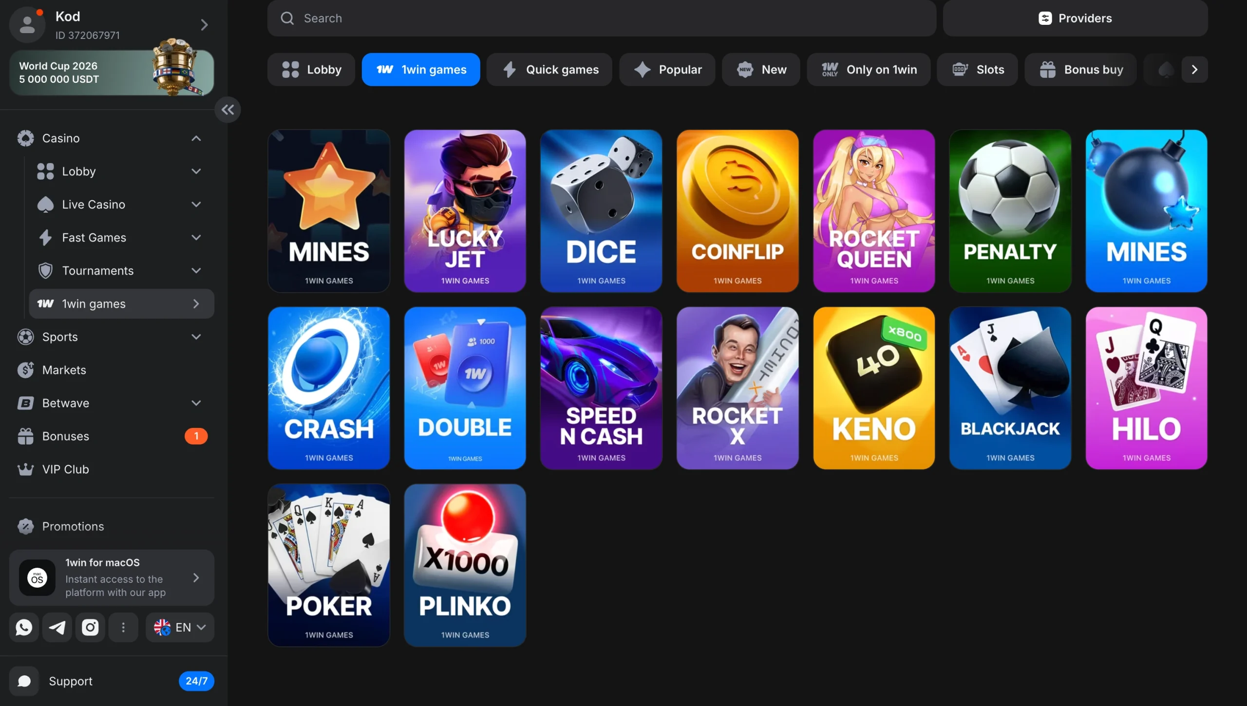 1win games lobby with Lucky Jet, Crash, Dice and other in-house titles