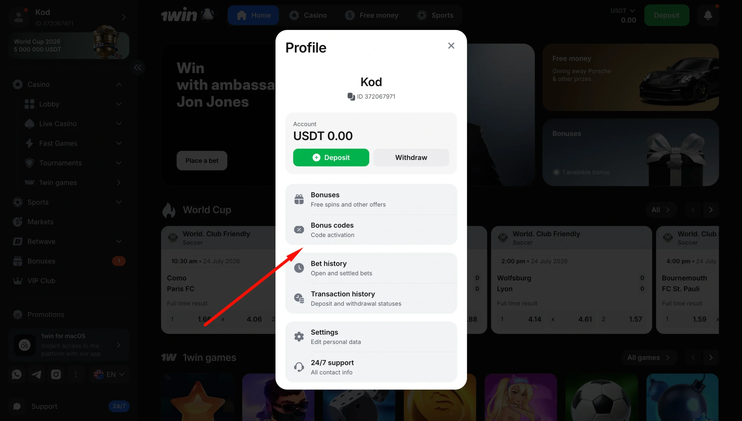 1win profile menu with Bonus codes and Code activation
