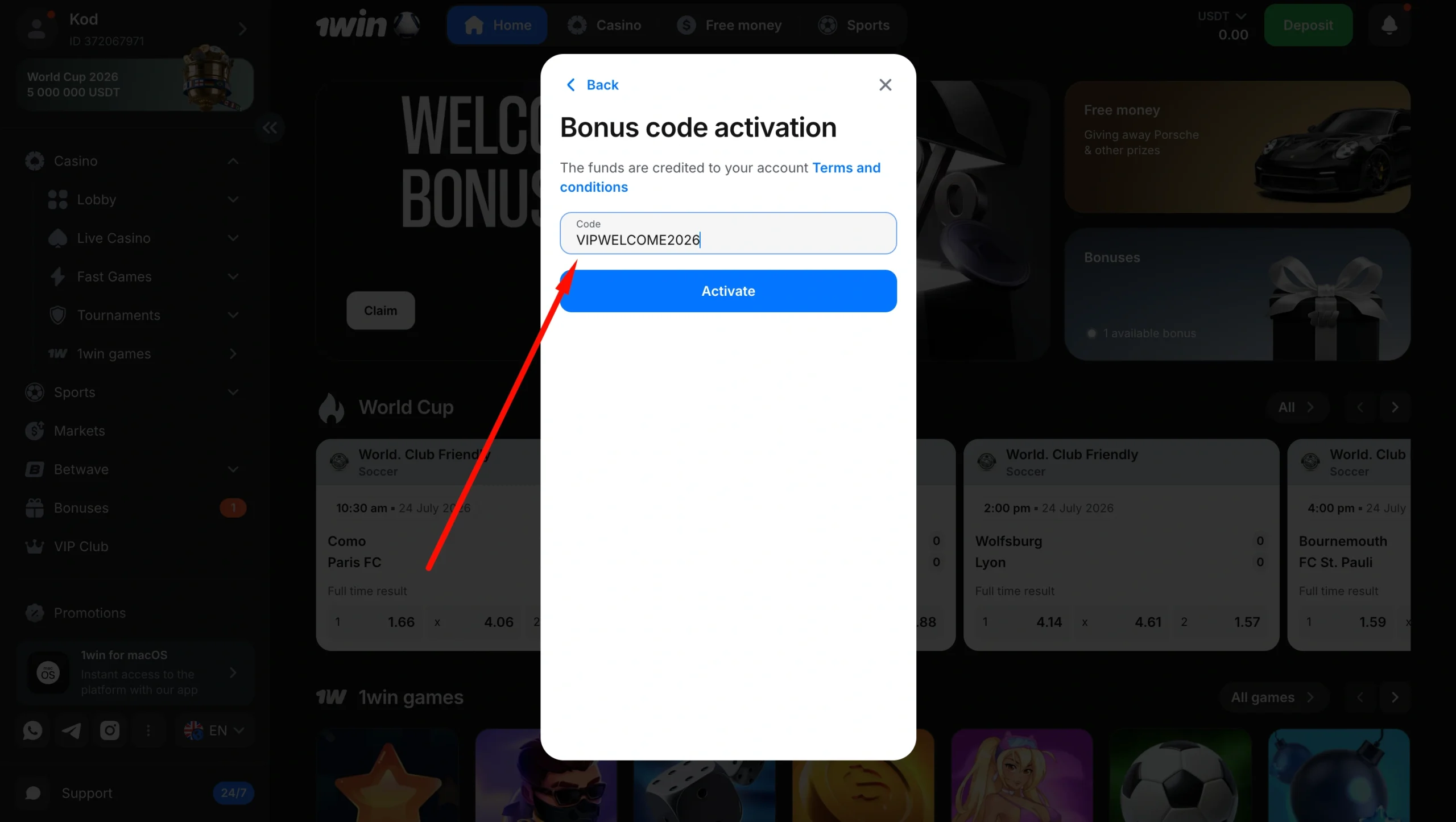 1win bonus code activation field with VIPWELCOME2026 entered
