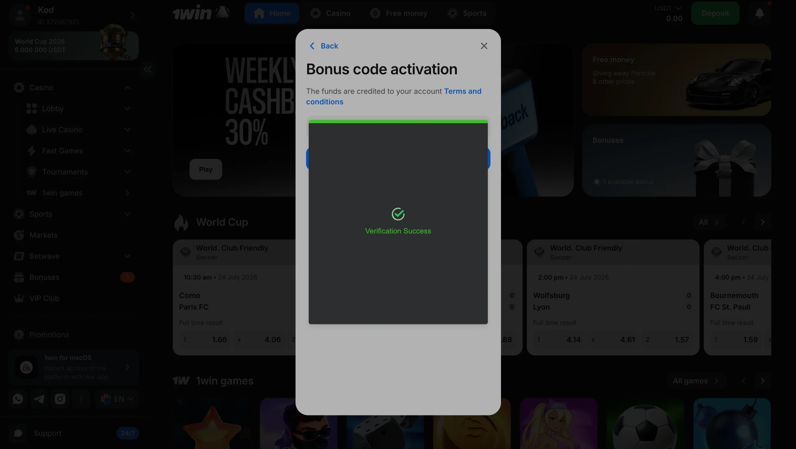 1win Verification Success confirmation after activating the bonus code