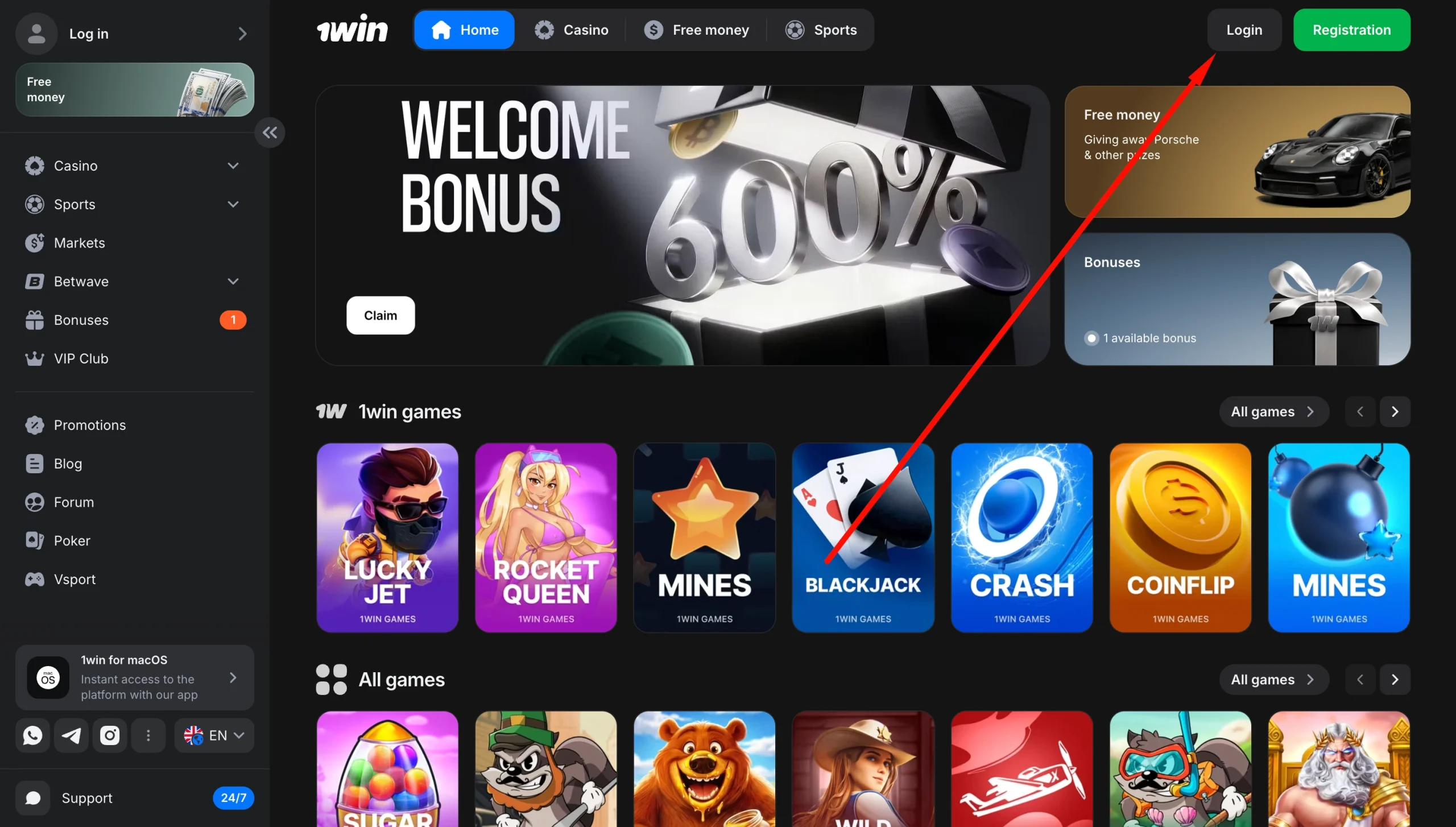 1win Tanzania home page with the Login button in the top right