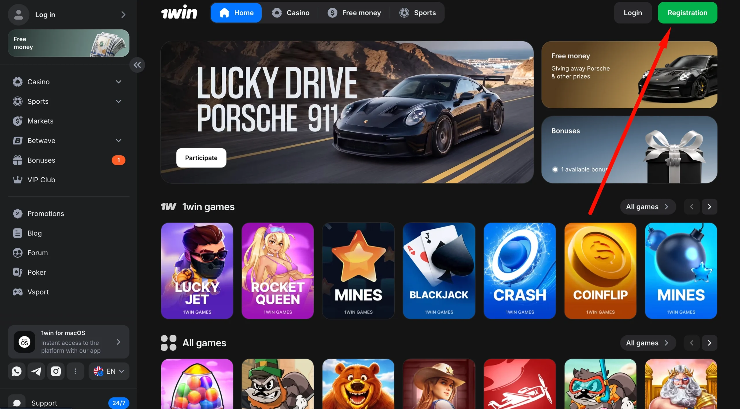 1win home page with the green Registration button highlighted