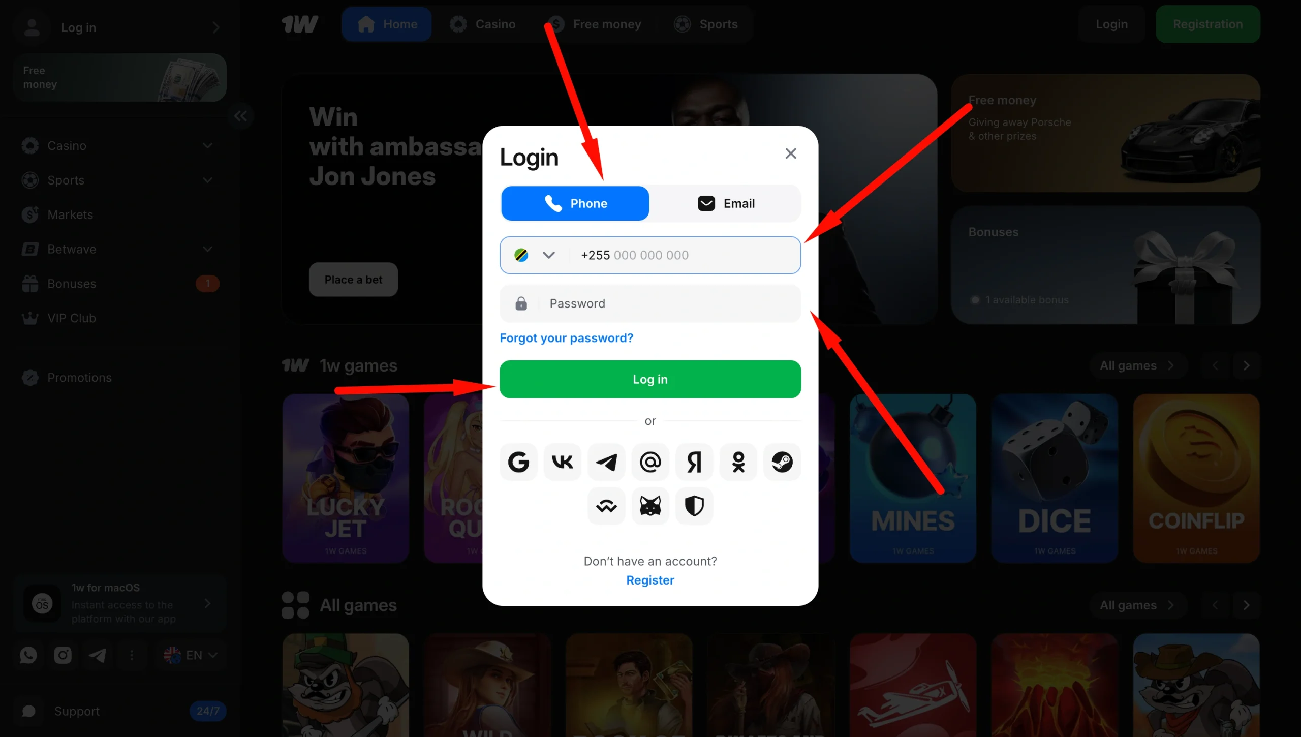 1win login screen on mobile with the Tanzanian +255 phone tab selected