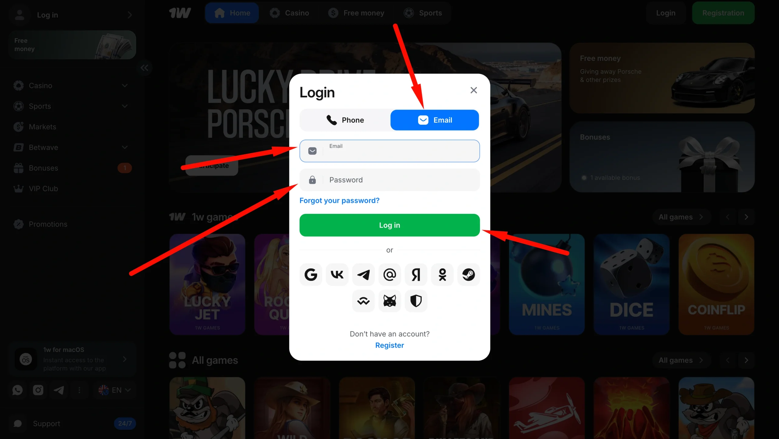 1win login screen on the email tab as an alternative sign-in method